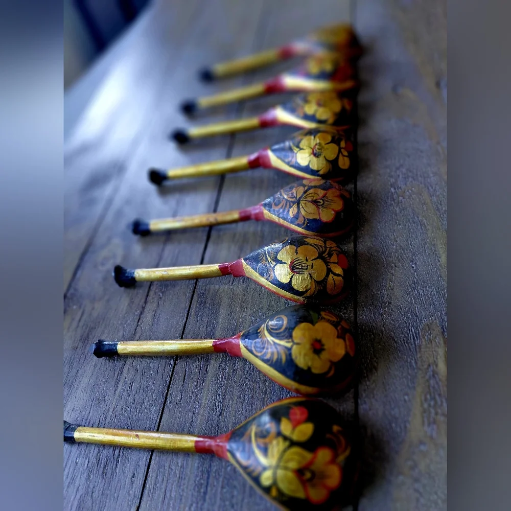 Handcrafted Floral Wooden Spoons (8) - 1950's Vintage In Gold and Black Colors